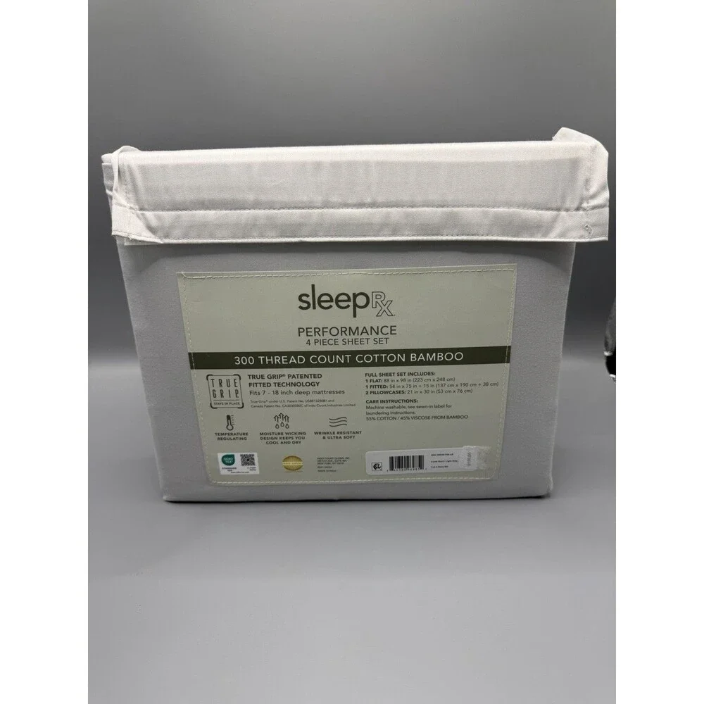 Sleep RX SleepRX 300 Thread Count 4-Pc. Sheet Set Light Grey FULL Cooling